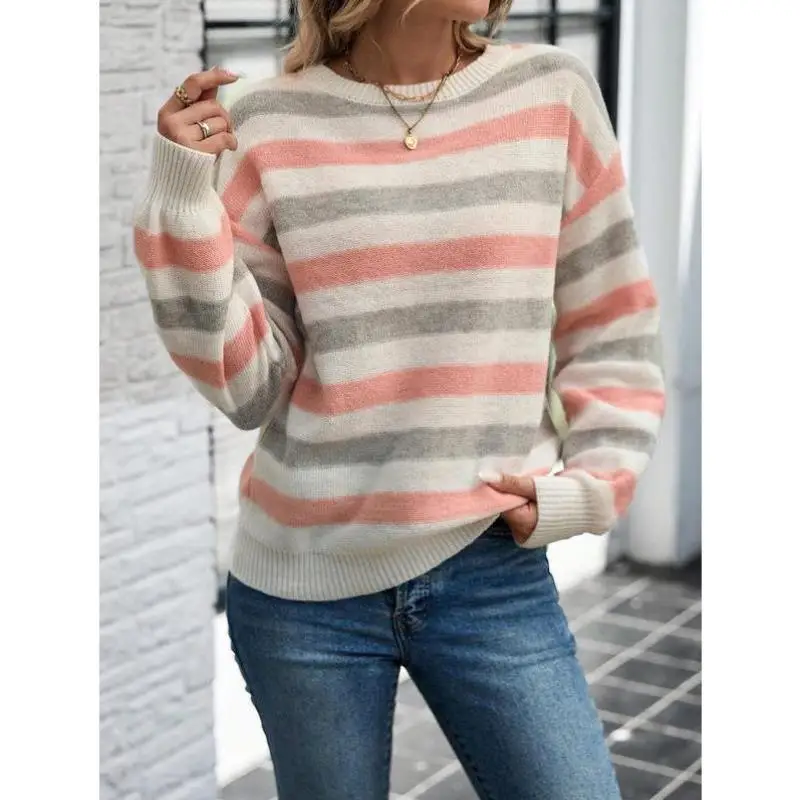 

Women's Casual Striped Print Knitwear oulder Drop Sle Ci Walk Suitable Nine Points Sve Collar Deformable