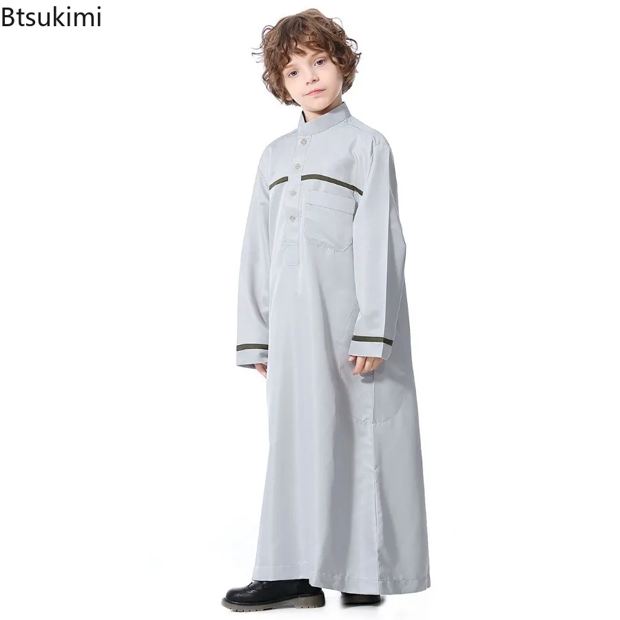 2025 Mid East Arab Muslim Boys Clothes Kids Abaya Caftan Long Sleeve Stand Collar Robes Islamic Ramadan Clothing Children Kaftan