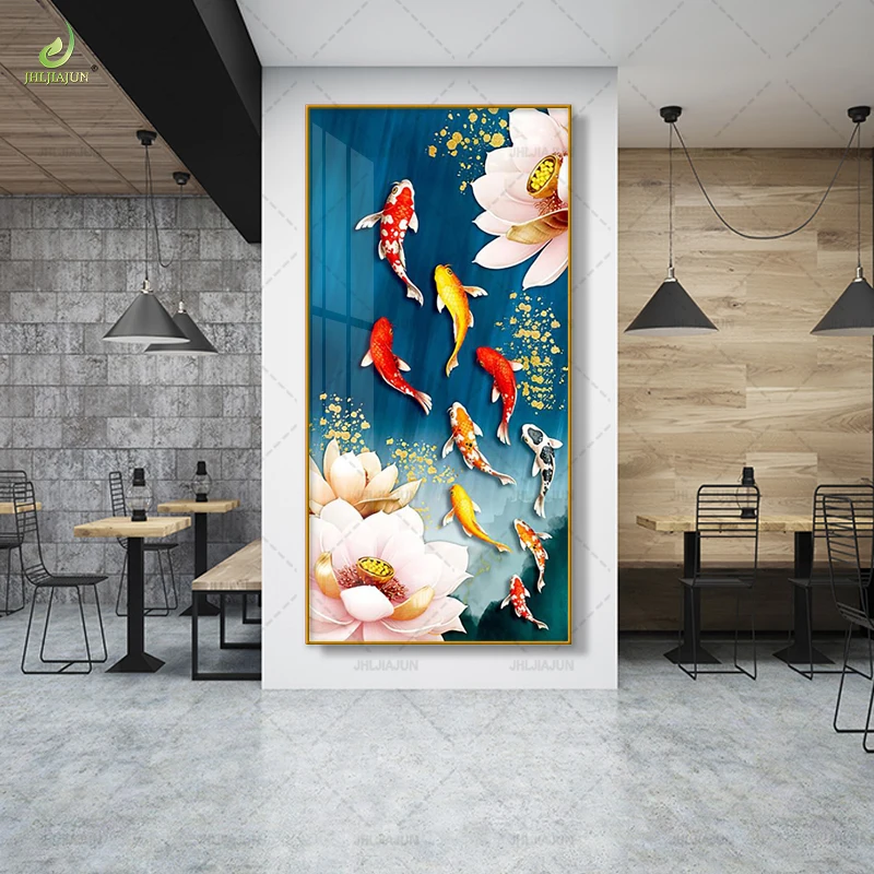 Modern Animal Painting Fish Koi Carp Background Gold Frame Crystal Porcelain Mural Home Decoration LED Wall Art