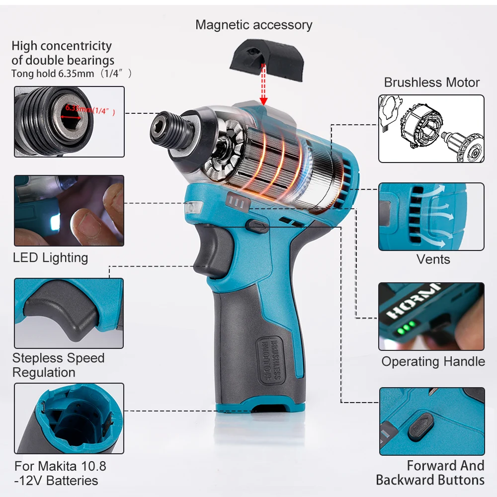 

120N.m Cordless Compact Impact Driver Kit 1/4 Inch Electric Brushless Screwdriver Power Tool for Makita 10.8v Battery No Battery