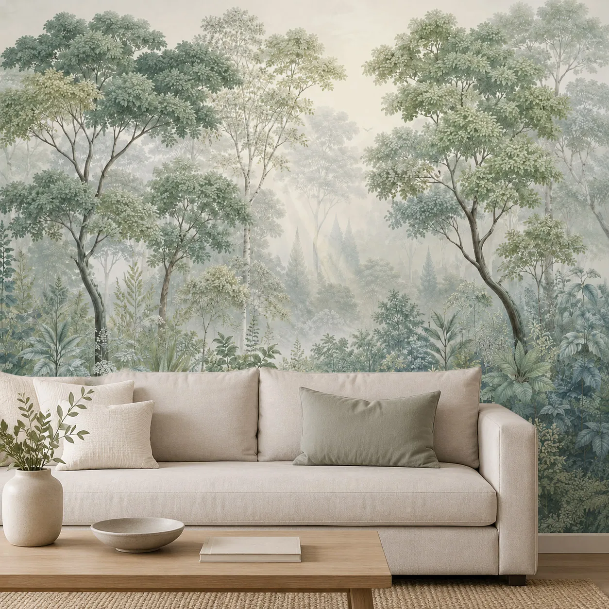 Large Misty Forest Wall Mural Wallpaper Sage Green Botanical Woodland Landscape Living Room Bedroom Non Self Adhesive Home Decor