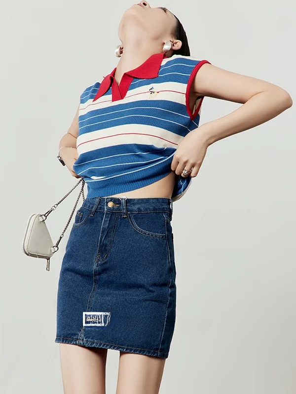 

Blue White Striped Knitted Sweater Set Women's A-Line Denim Short Skirt Casual Style Four Seasons Fashion Set Summer New Arrival