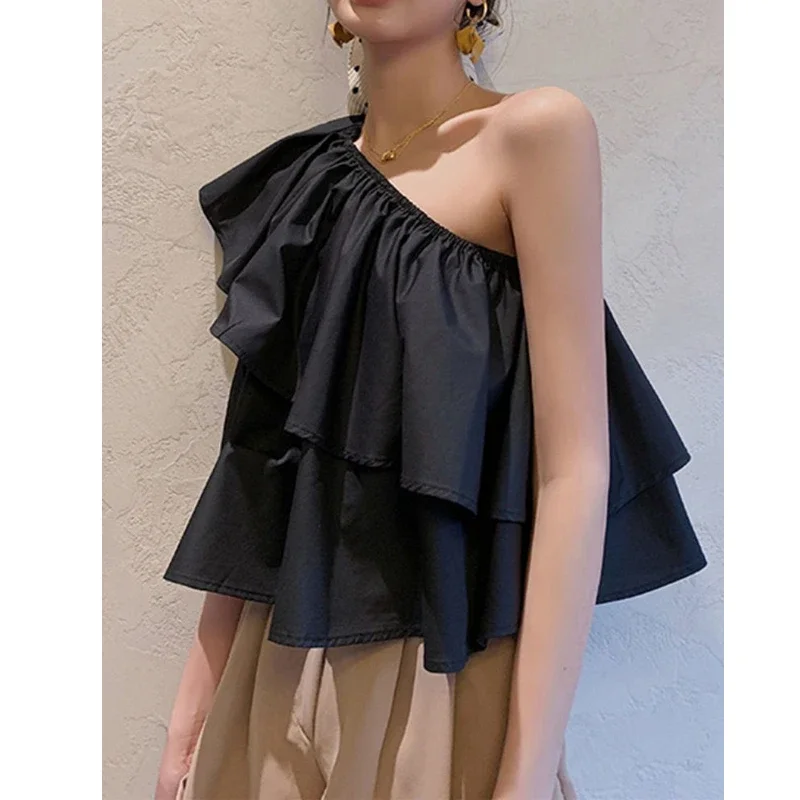 

Милая рубашка без рукавов с оборками и открытыми плечами, летние однотонные лоскутные универсальные молодежные Y2K, женская одежда, сексуальный модный тренд