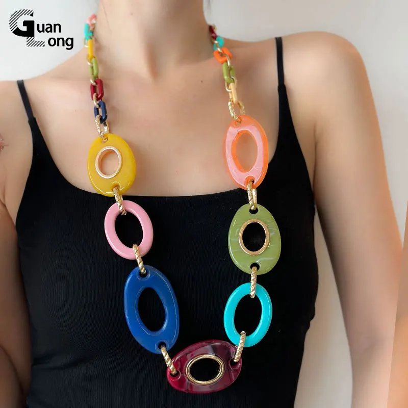 GuanLong Trendy Large Colorful Resin Chain Necklace For Women Long Round Exaggerated Necklace Female Bohemia Accessories Vintage