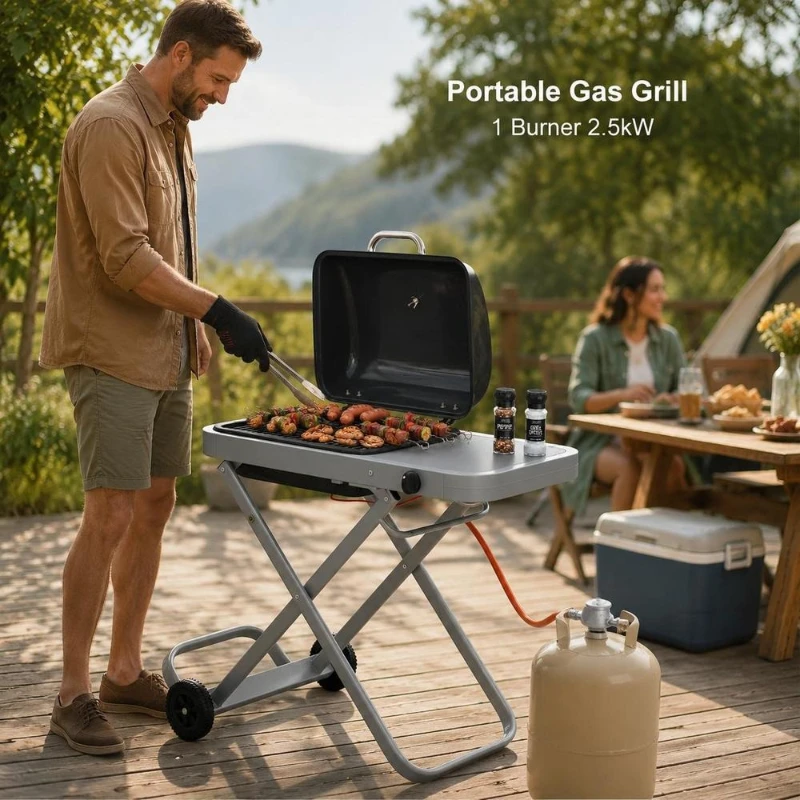 Barbecue portable avec chariot pliable, gril de cuisson avec tablette latérale et couvercle, barbecue extérieur mobile pour jardin, terrasse, camping, gril de table pratique avec thermomètre, équipement de cuisine en plein air au design moderne