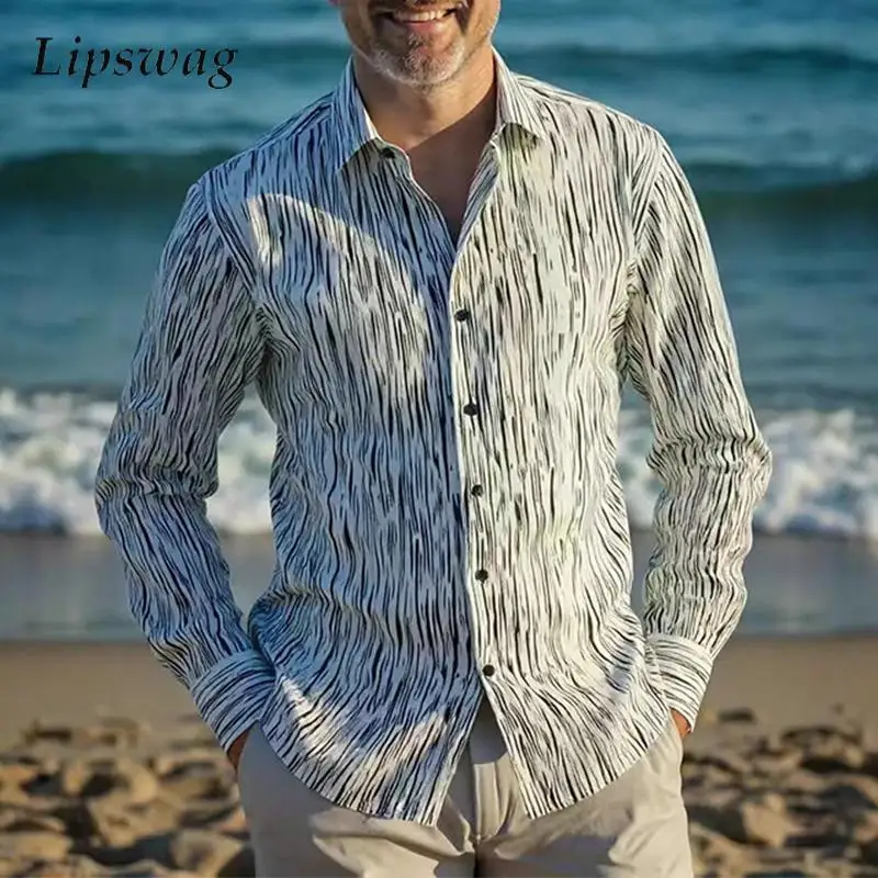 

Винтажные мужские рубашки в полоску с принтом, весенне-осенние повседневные рубашки на пуговицах с длинными рукавами для мужчин, повседневный кардиган с лацканами для отдыха