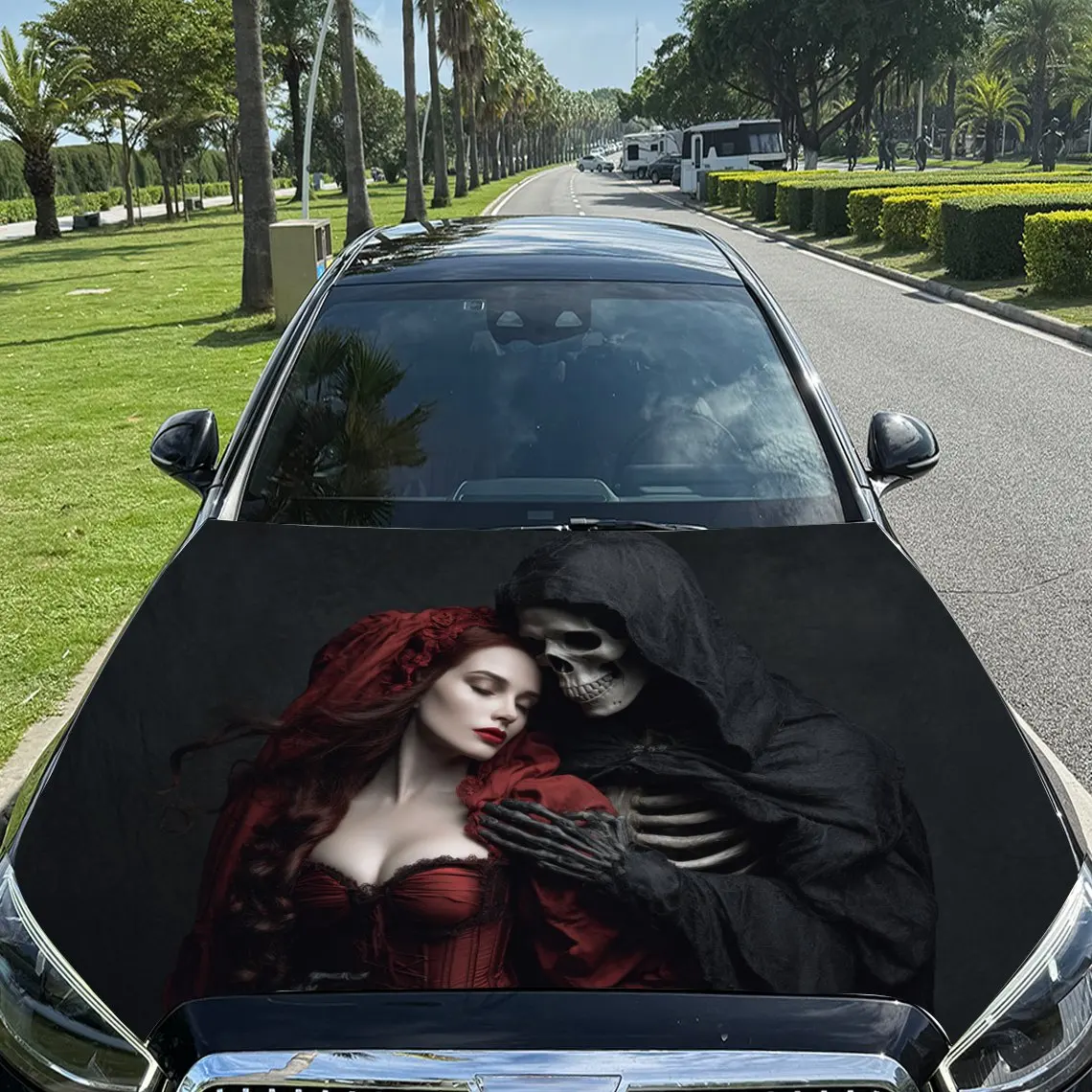 Dark Embrace of Death and Woman in Red Car Vinyl Wrap, PVC Material Waterproof Car Hood Sticker, Self-Adhesive Scratch-Resistant