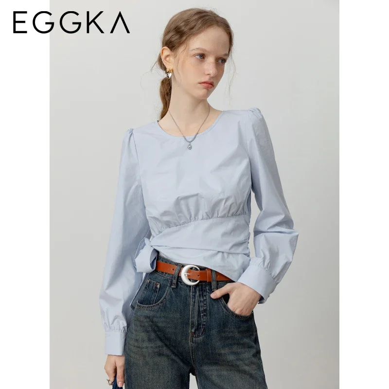 EGGKA Vintage French O-neck Blouse Side Bow Irregular Long-sleeved Shirt 2024 Autumn Women\'s Casual Blouse Commuter White Shirts