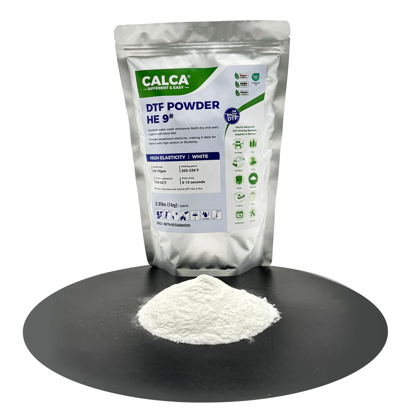 US Stock CALCA 1kg HE9 High-Elasticity Fine White DTF Powder for T-shirt Transfer Printing Direct to Film Powder Wholesale