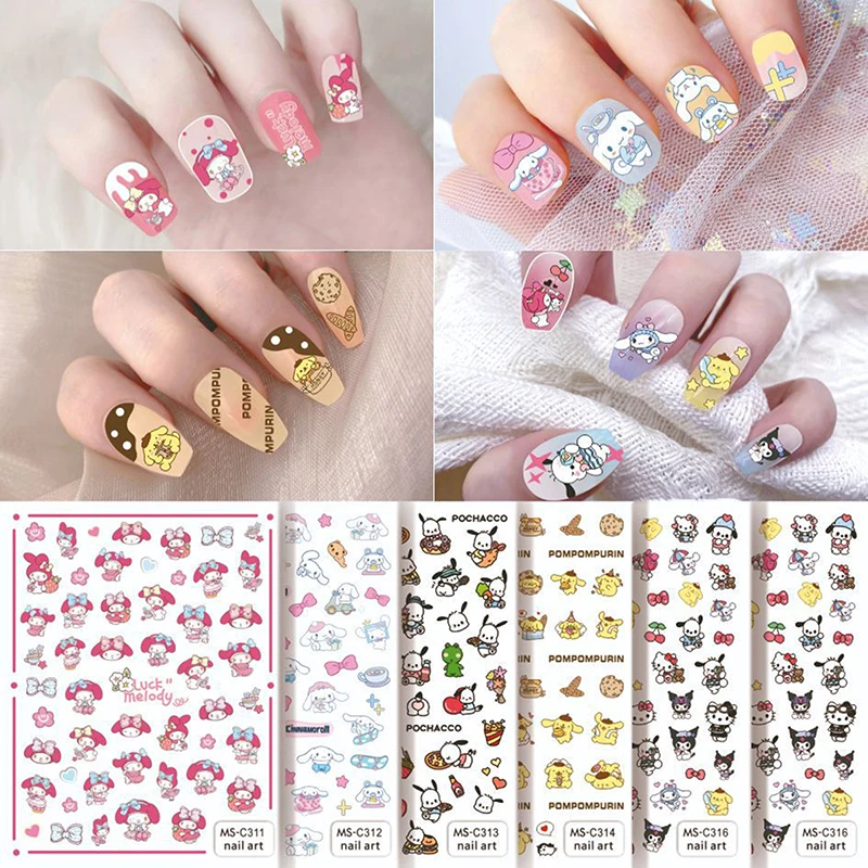 1 Sheet 3D Kawaii Cartoon Sanrio Nail Stickers Hello Kitty Kuromi Cinnamoroll Animation Nail Decals Press On Nails Art Supplies