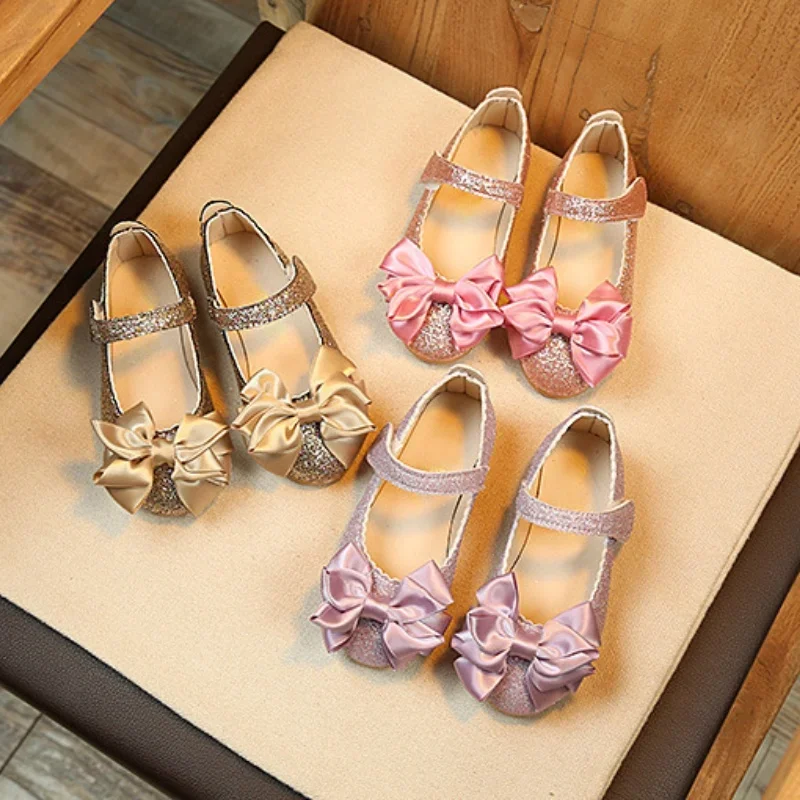 

Spring New Bow Elegant Girls Bright Leather Single Shoes Children's Princess Female Shoes Performance Students Dancing Shoes