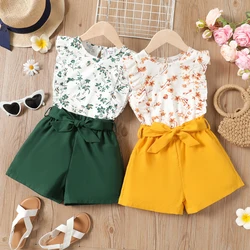 PatPat 2Pcs Kid Girl Floral Print Ruffled Tank Top and Belted Shorts Set