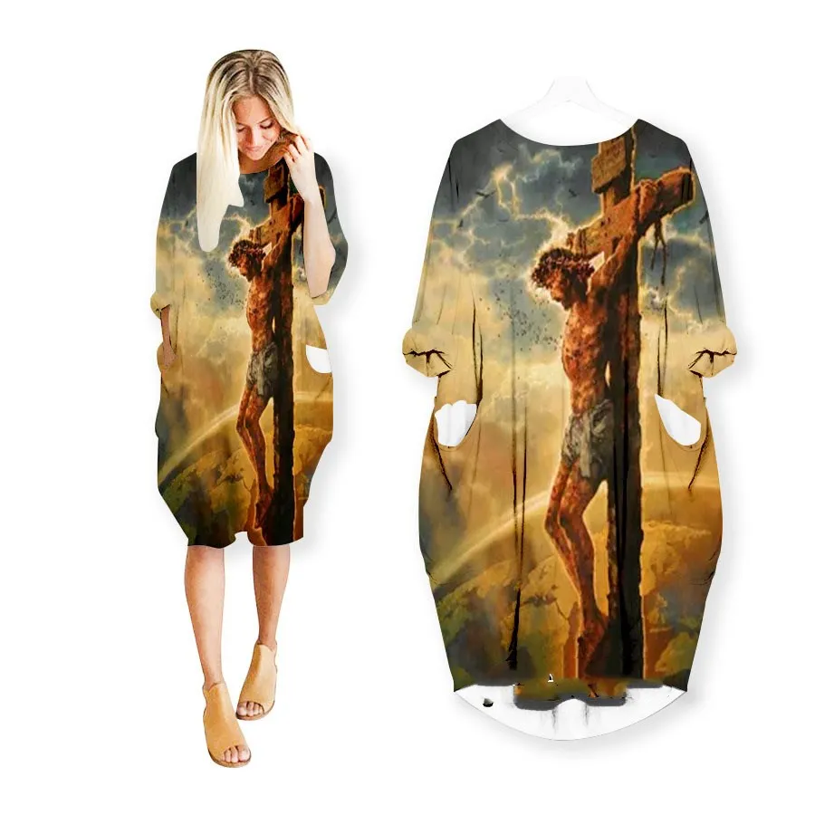 3d Print Jesus Dresses Fashion Casual Dress Plus Size Women Clothing Pocket Long Sleeve Fat Sister Top Big Shirt  Summer Dress