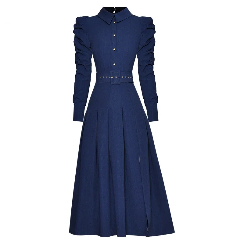 

2023 New Fashion Runway Summer Women Long Sleeve Single-Breasted High Waist Solid Office Lady Casual Dresses