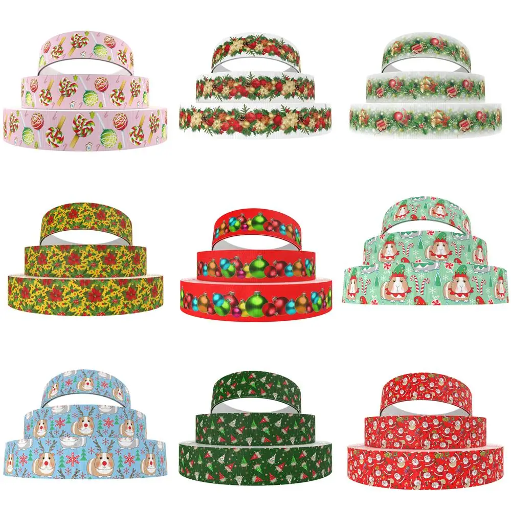 5 Yards 22mm 25mm 38mm Christmas Santa Deer Holly Printed Grosgrain Ribbon For Bows DIY Craft Decoration Gift Packaging,5Yc4401