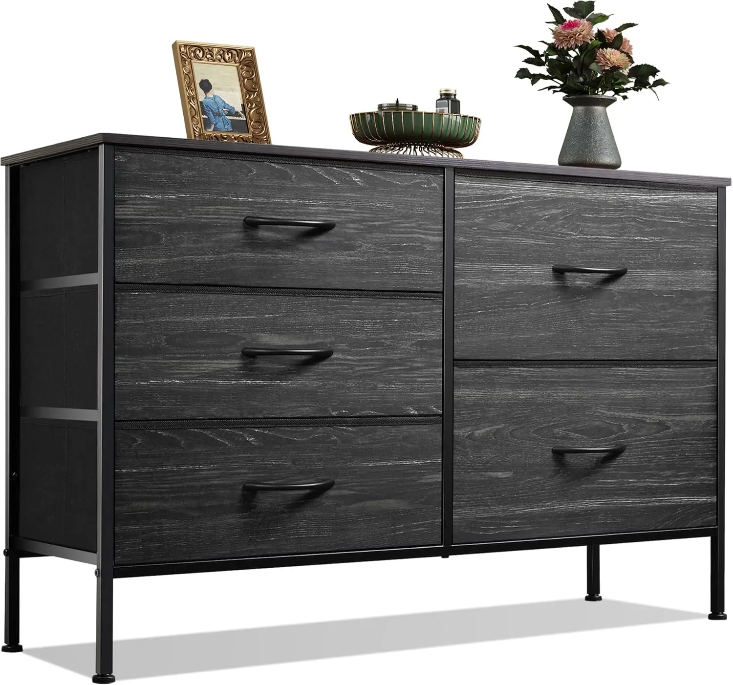 

5-Drawer Fabric Dresser with Organizers, Charcoal Black Wood Grain Print for Bedroom, Living Room, or Hallway Storage