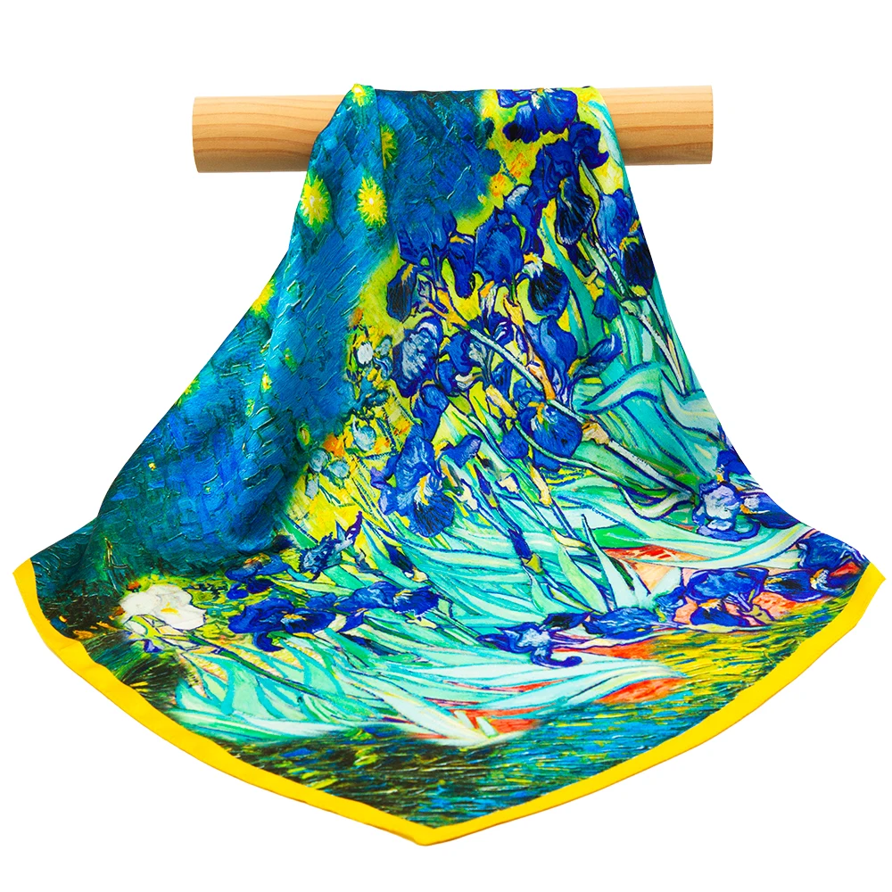 53cm 100% Pure Silk Bandana Women Van Gogh Art Hair Scarf Female Headband Natural Silk Handkerchief Men Pocket Square Lady Gift