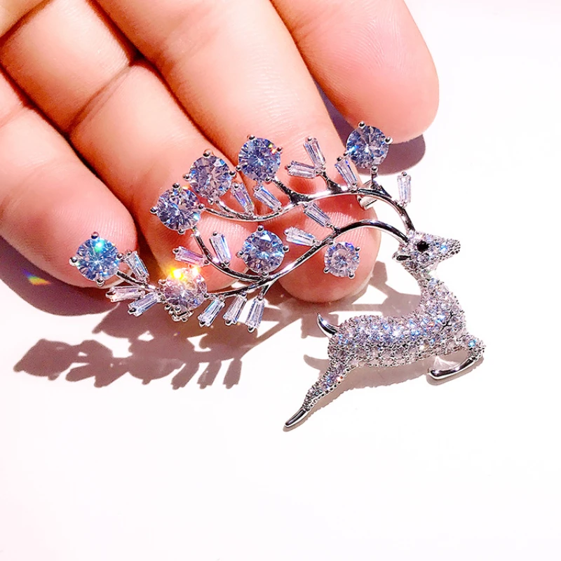 

Elegant Silver Tone Vintage Christmas Deer Brooch with Clear Zircon Crystal