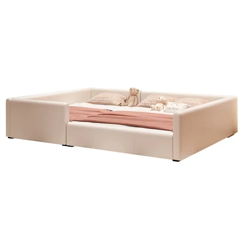 

Bed parent-child solid wood master bedroom family of four three oversized bed leather splicing widened