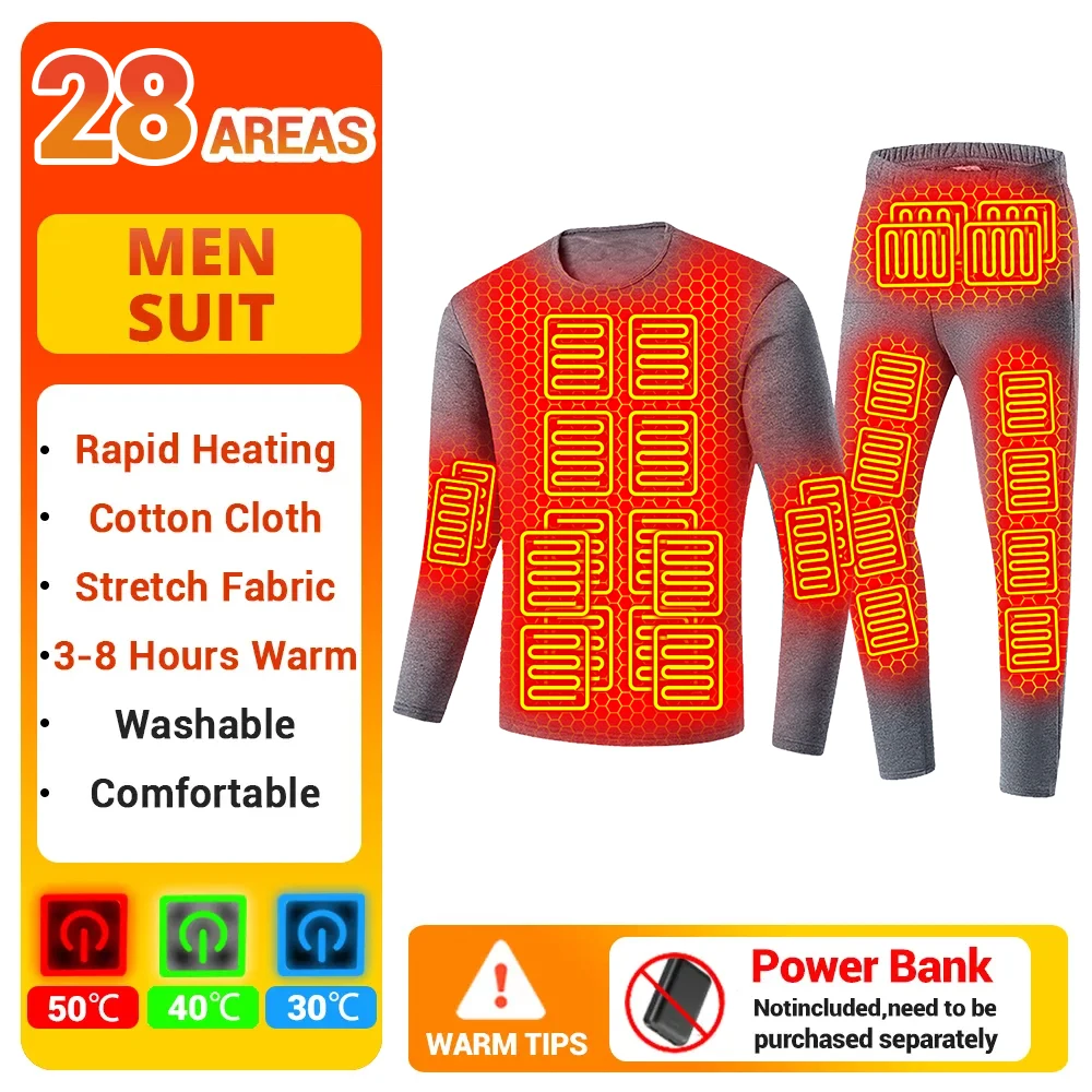 

28 Heating Areas Men's Heated Thermal Underwear Set Women Winter Outdoor Sports Underwear Heated Shirt Pant USB Electric Heating