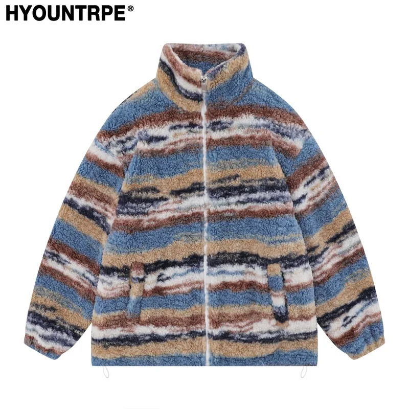 Mens Casual Striped Fleece Jackets Coats New Hairy Stand Collar Zipper Loose Hoodies Outerwears Winter Warm Streetwear Parkas