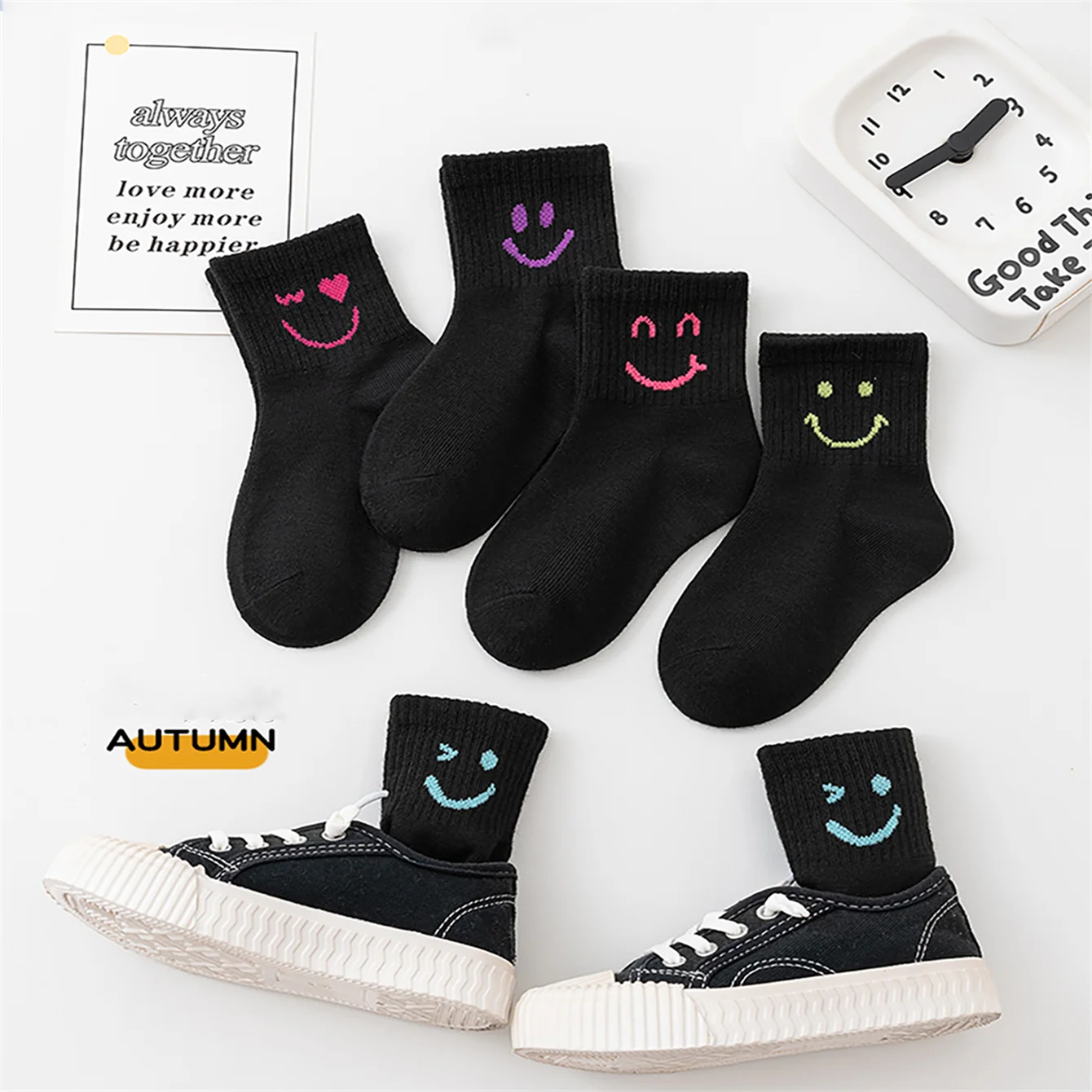 5 pairs of children's spring and autumn seasonal expression jacquard trendy socks, cute socks, comfortable and breathable, suita