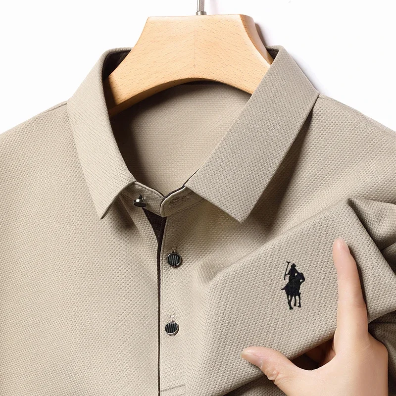 

2025 New Polo Shirt Middle Aged Men's Long Sleeved T-shirt Spring and Autumn Wear High End Men's Polo Collar Body Shirt