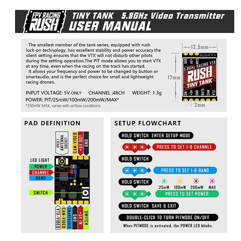 Para rush pequeno tanque vtx 5.8g 48ch 350mw 5v nano fpv transmissor tbs smartaudio para fpv rc racing drone