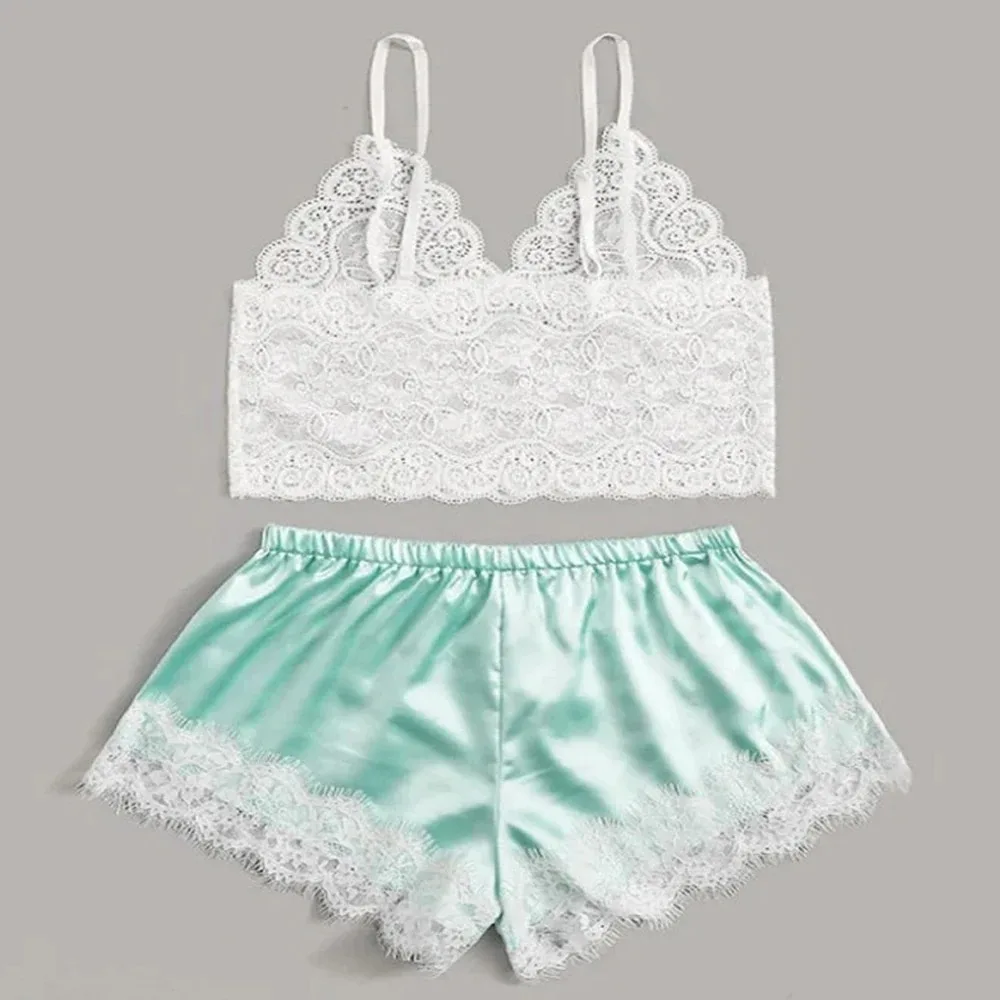 Sexy Lace Silk Sleepwear Two Piece Set of Suspender Shorts for Women Pajamas Set Lingerie Crop Tops Shorts Nightwear