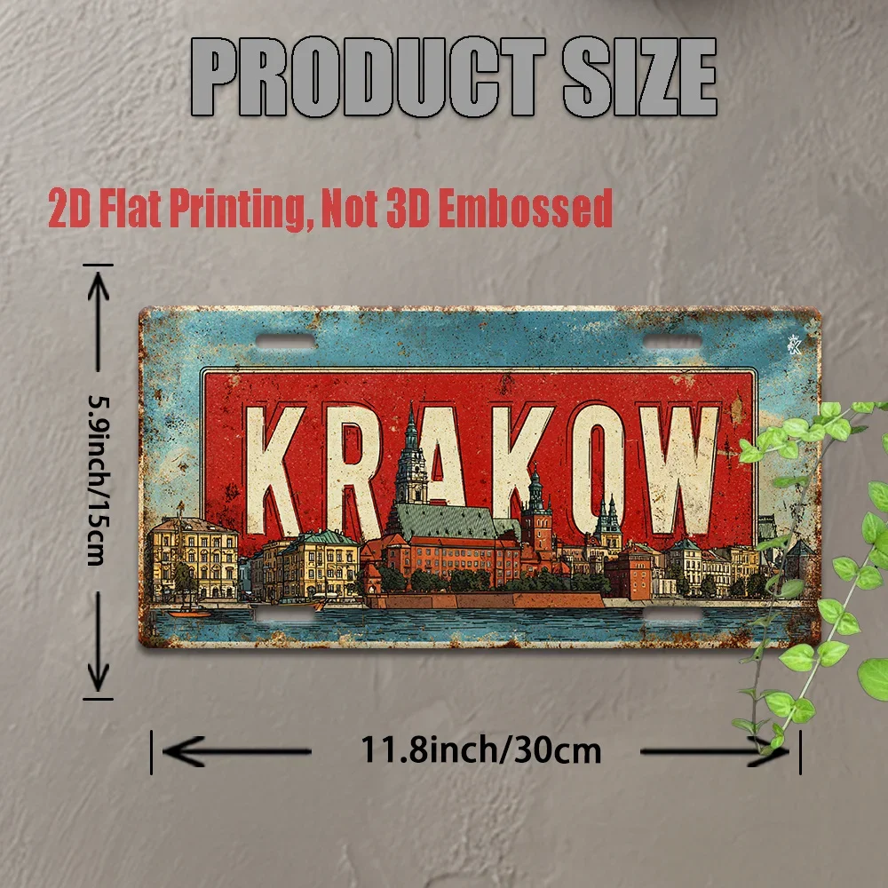 2D Flat Vintage Metal License Plate Krakow Aluminum Sign with Historic Polish Cityscape, Perfect for Homes, Bars, Cafes, Garages