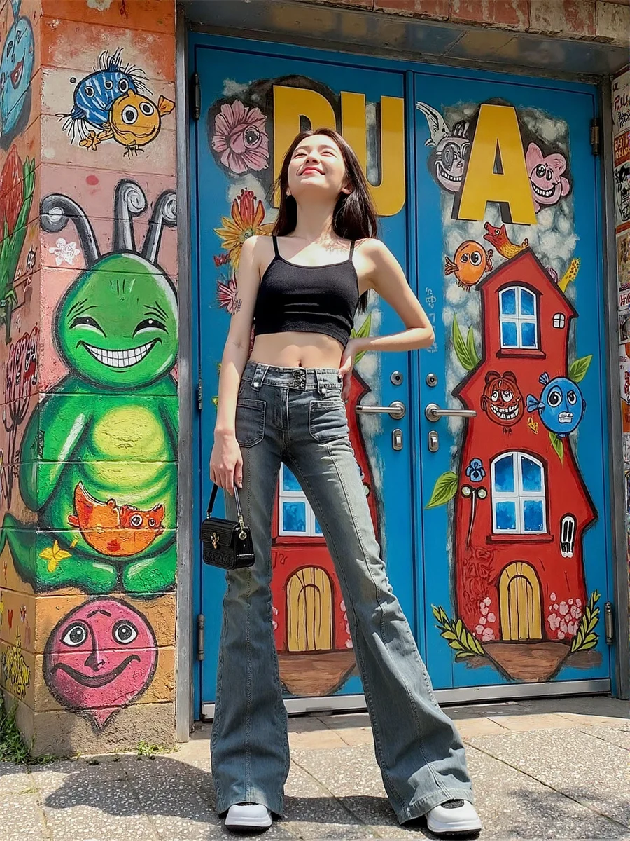 

Flare Slim Skinny Floor Jeans Womens Dark Blue Washed Stretchy Flared Straight Leg Patchwork Fit Ripped Pocket Trousers