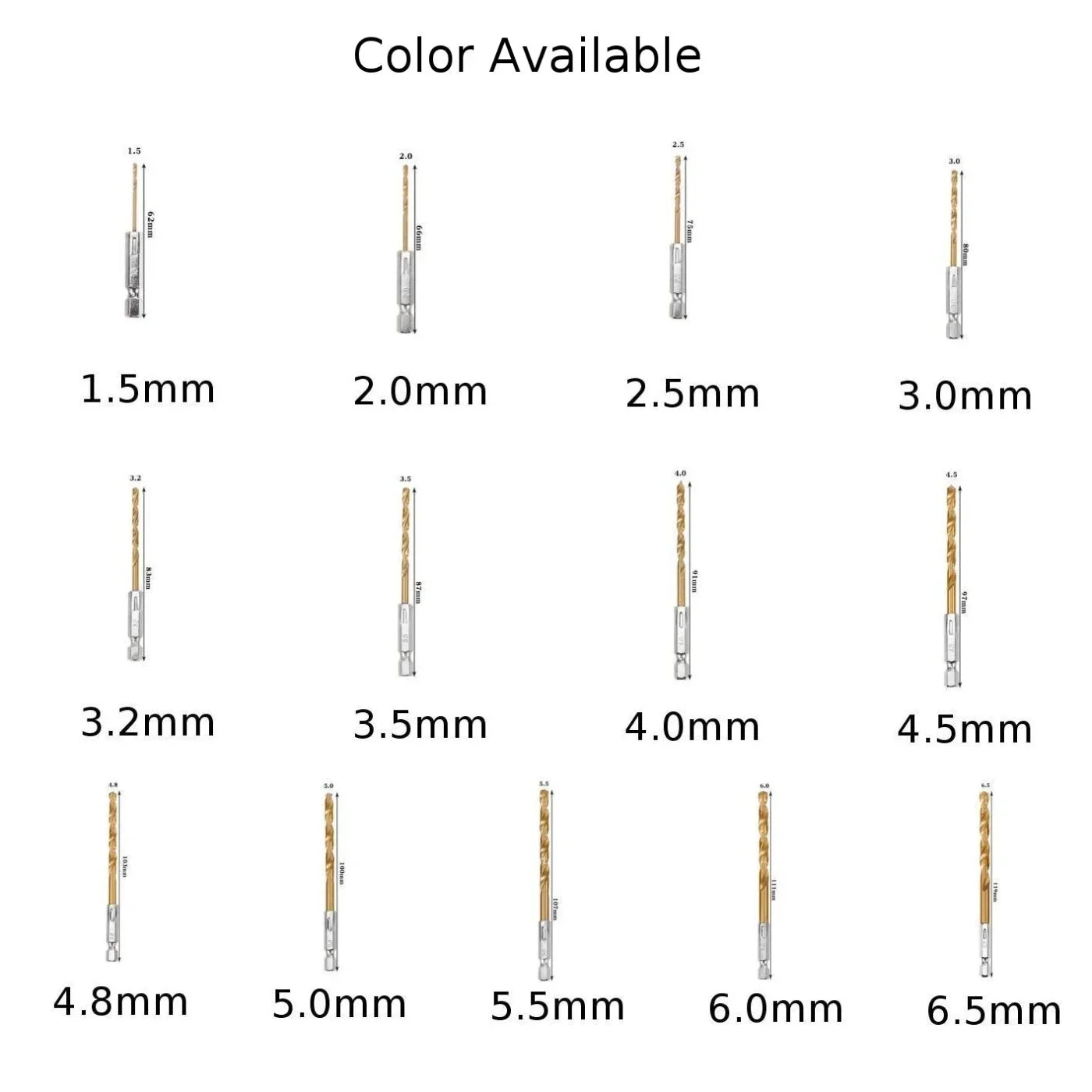 고속 강철 코팅 드릴 비트, 목공 도구, 금 도금 1 4 육각 생크, 1.5mm-6.5mm 전동 공구 부품, 1pc