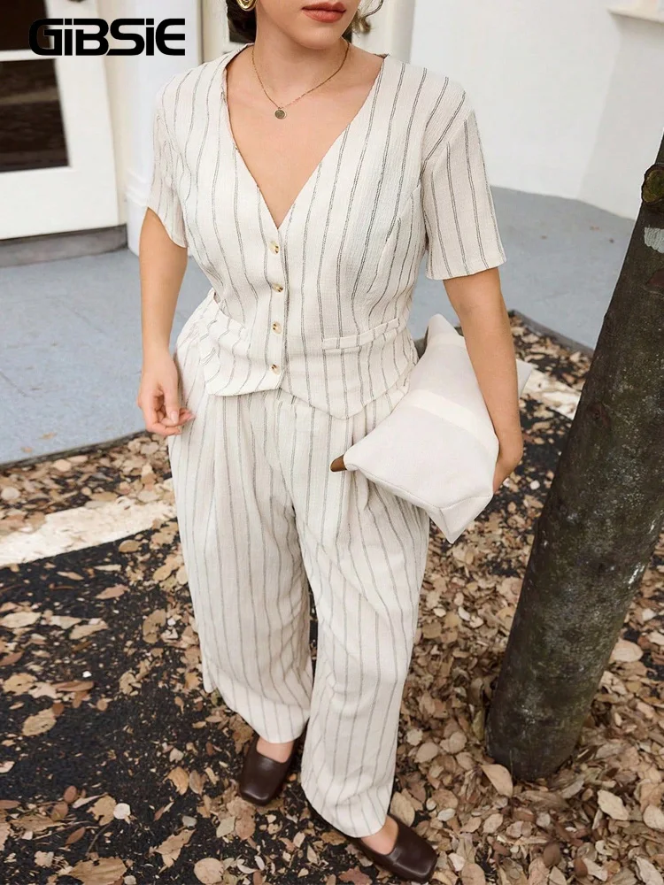 

GIBSIE Plus Size Women's Striped V-neck Short Sleeve Button Front Top And Wide Leg Pants Suit Summer Office Ladies 2 Pieces Set