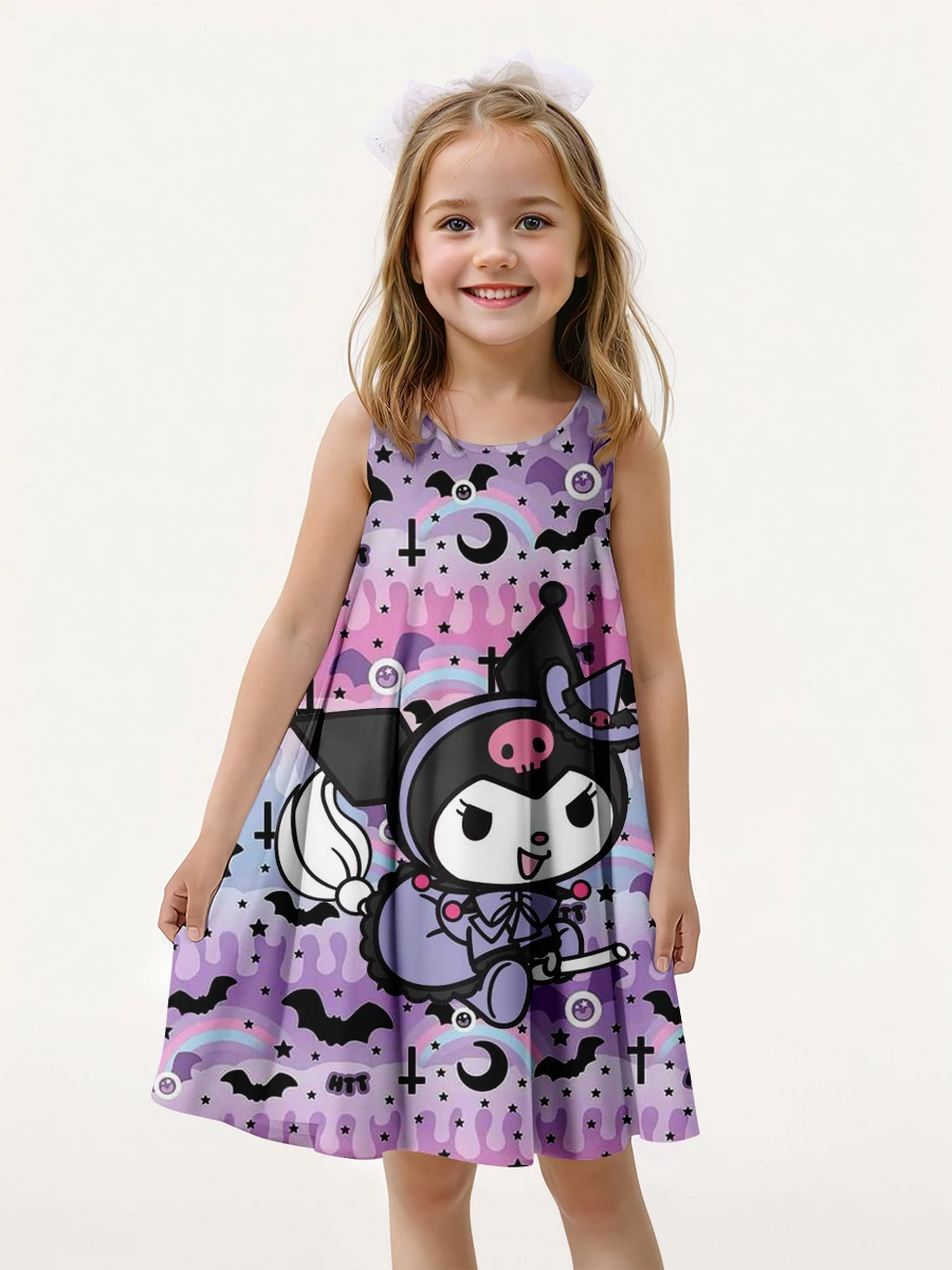 MINISO New Summer Girls\' Skirt 3D Printed Kuromi Cute Cartoon Dress Fashion Children\'s Clothing Party Boys Hello Kitty Top