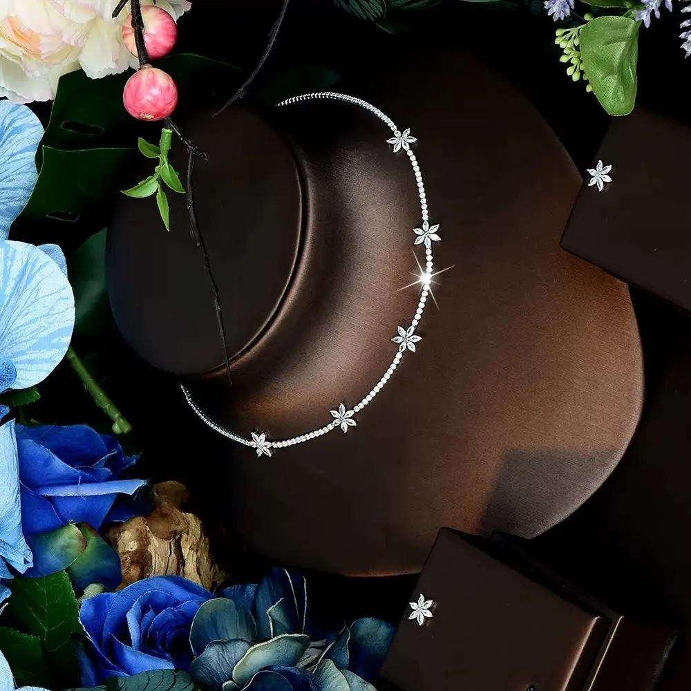 Cute Elegant Everyday Flower Necklace and Earrings Light Luxury Zircon Jewelry Set Women's Wedding Event Travel Ball Gift S-1268