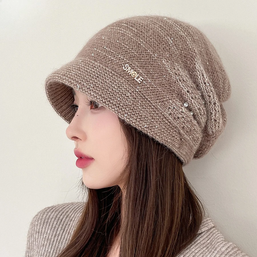 Elegant Versatile Double Layer Thickened Diamond Label Rabbit Hair Stacking Cap Female Ear Protection Fashion Knitted Cap Korea