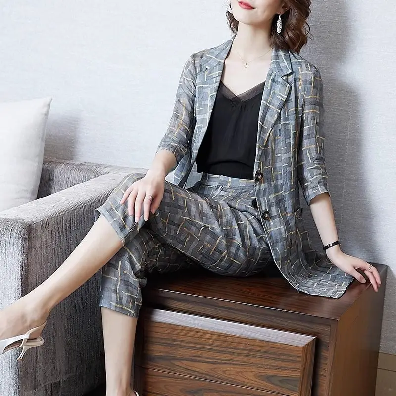 Professional Ladies Trouser Printing Suits Blazer Wear To Work Office Women\'s Capris And Pants Two Piece Set Offer Korean Style