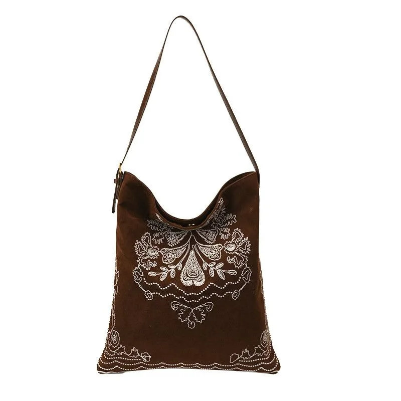 

Ethnic Style Large Capacity Embroidery Matte Suede Shoulder Bag Retro Commuter Versatile Portable Tote Bag Women Big Handbags