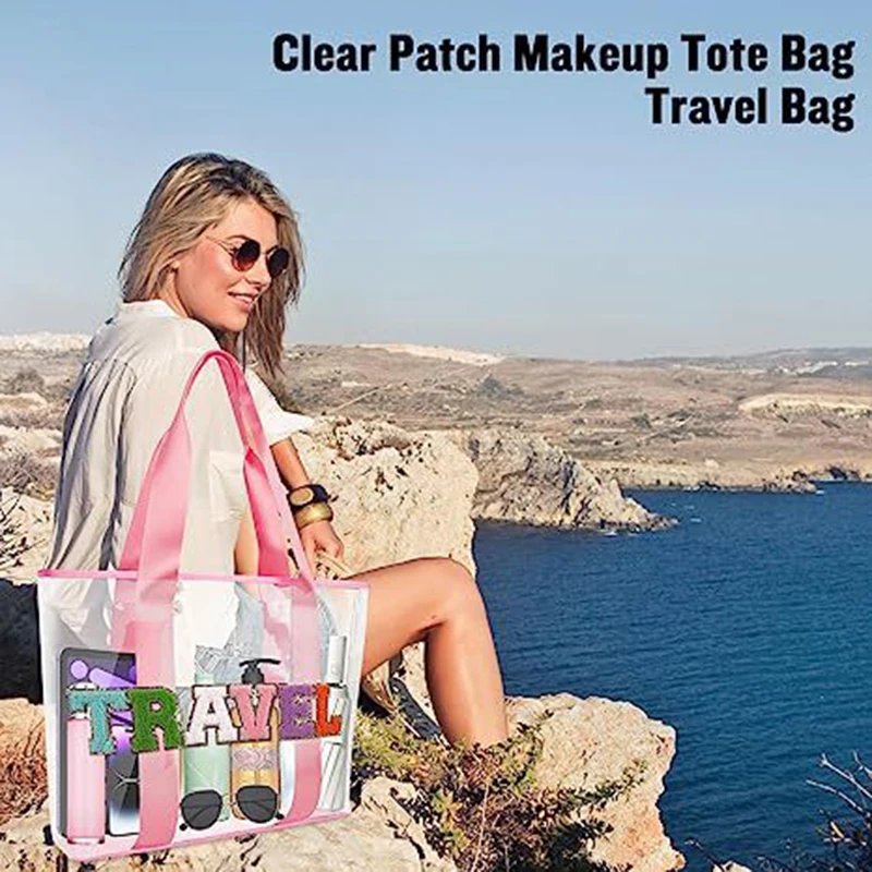 Women Pink Cute Girls Travel Chenille Letter Clear PVC Transparent Beach Patches Stuff Tote Bag with Handles for Swim