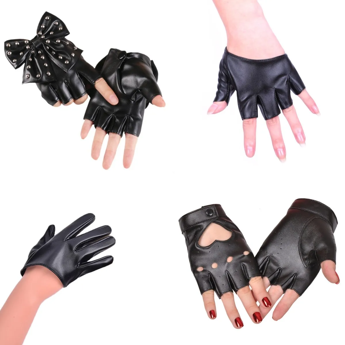 

Unisex Fingerless Driving PU Leather Gloves Motor Cool Rivet Sexy Disco Dancing Rock And Roll Black Red White Punk Glove