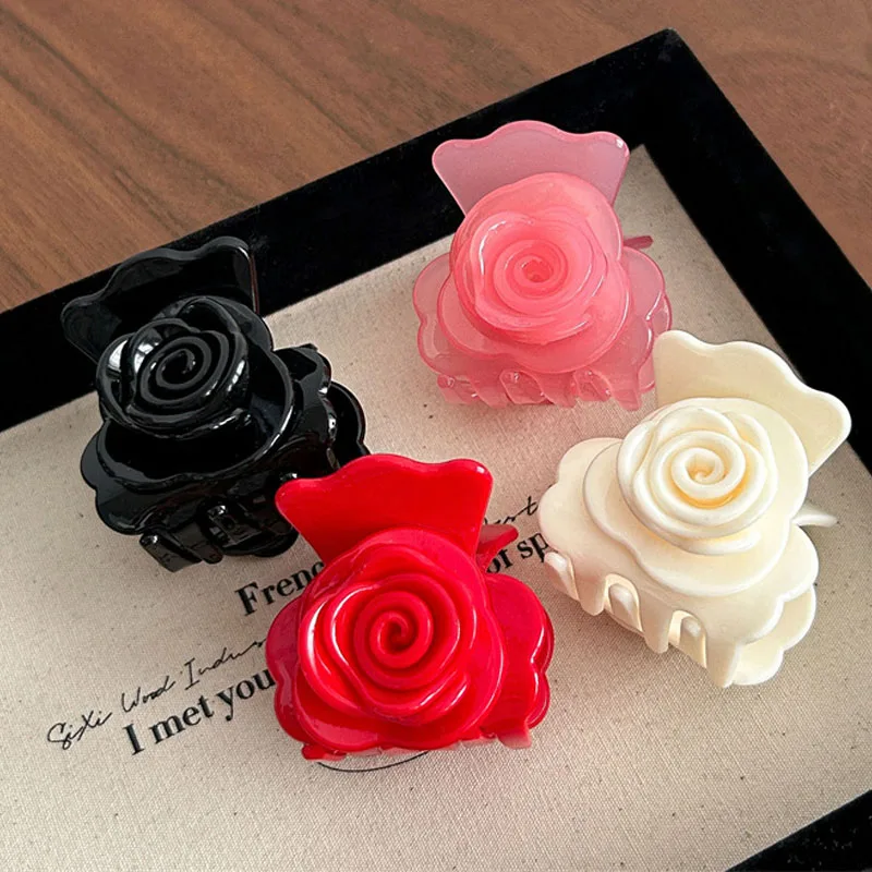 Elegant 3D Rose Flower Hair Claw Clips Sweet Romantic Acrylic Non‑slip Jaw Clips Vintage Hair Barrettes for Women Girls Daily We