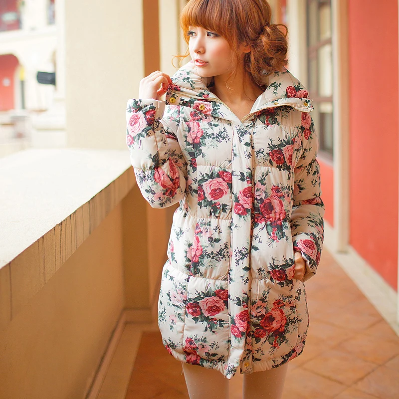 Sales Japan Liz Lisa Winter High Collar Flower Printed Long Padded Coat