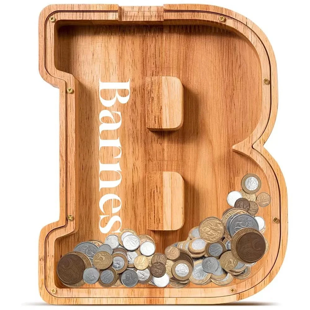 18cm A To Z Wooden Personalized Letter Piggy Bank Money Box Clear Acrylic Front Coin Saver Home Decor Kids Gift