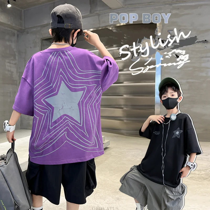 

Summer Boy Luxury Clothes T-shirt for Tween Child New Casual Short Sleeve Loose Tee Shirt Outerwear Kids Star Pattern Tshirt