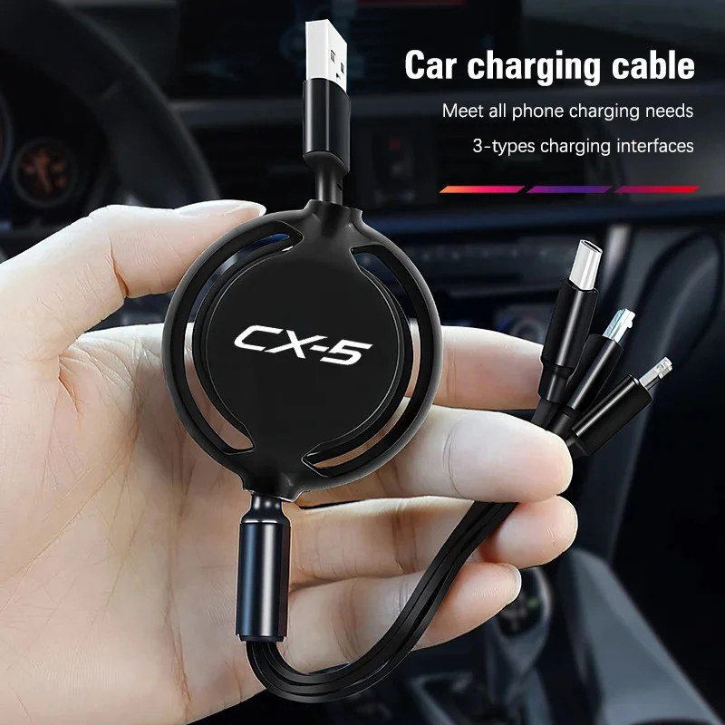 

Car 100w Fast Charging Data Cable Scalable 3 In 1 Phone Charger Type C for Mazda CX-5 CX5 2012-2025 Auto accessories organizer