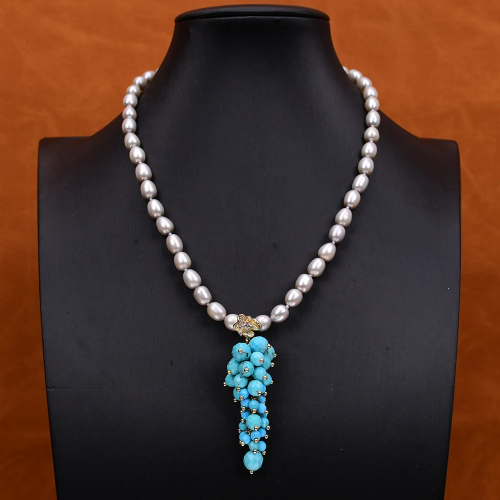 G-G 17'' Cultured Gray Rice Pearl Necklace Blue Turquoise Tassels Pendant