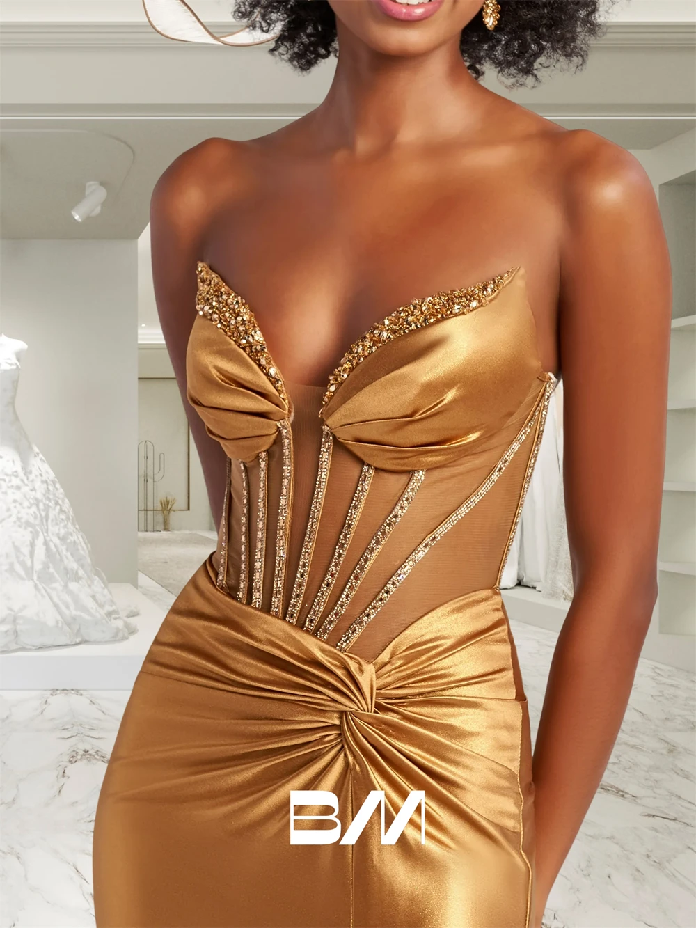 

BRLMALL Beaded Gold Prom Dress 2025 Sleeveless Sheath Long Evening Dresses Side Split Silky Satin Wedding Party Gown Customized