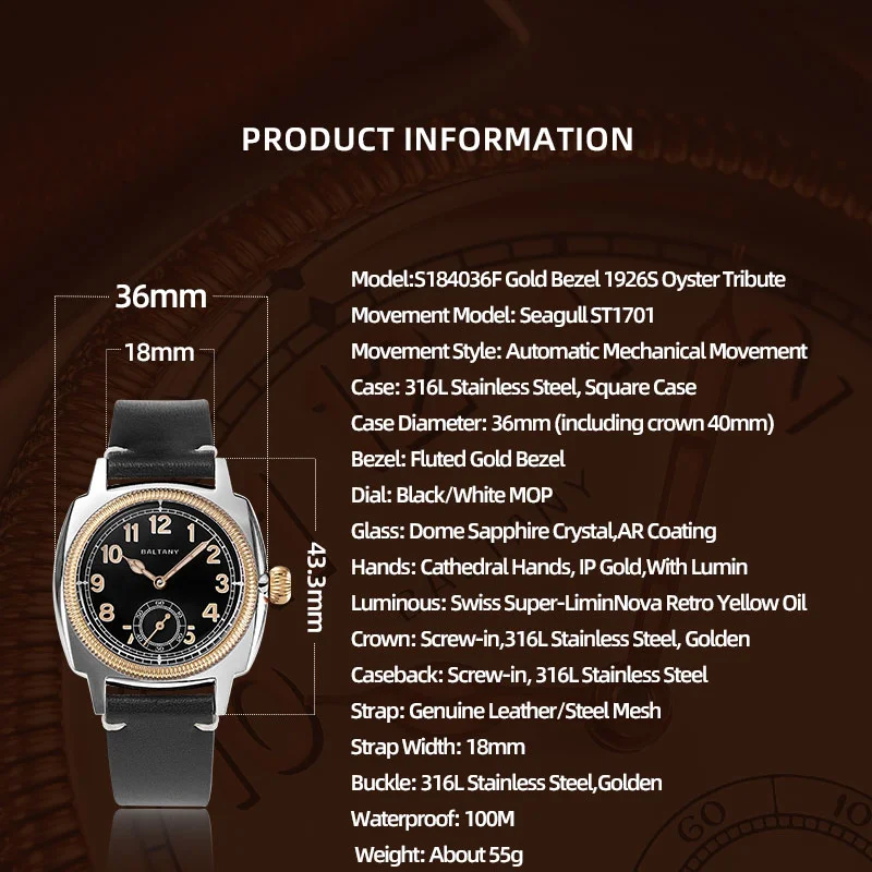 Baltany New 1926 Luxury Fashion Men's Automatic Mechanical Watch Unisex St1701 Luminous Sapphire Crystal 100M Waterproof Watch