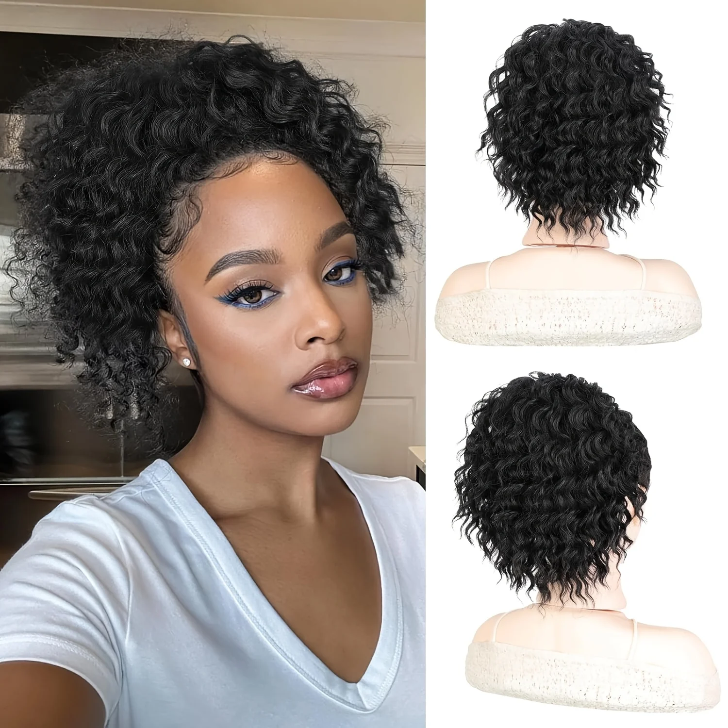 

Drawstring Ponytail for Women Curly Black Ponytail Extension for Black Women Synthetic Hair Extensions Short water wave