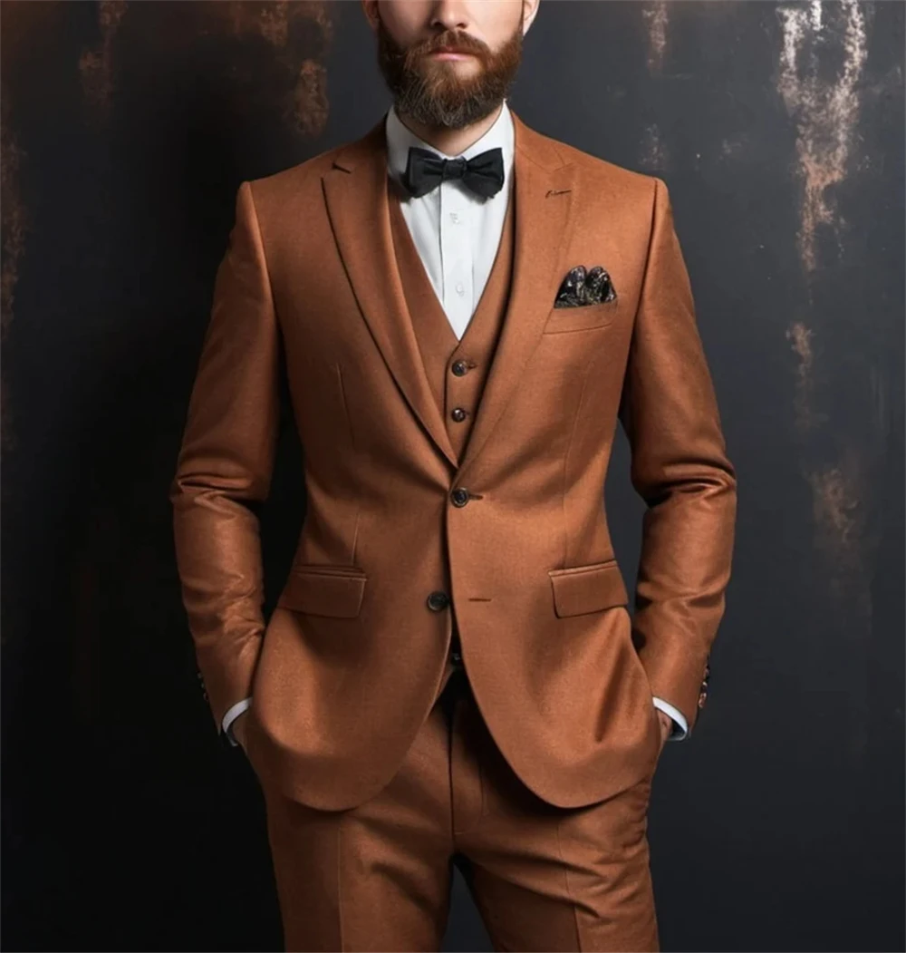 

Fashion Brown Men's Suits 3-Piece Slim Fit Dress Grooms Wear Suits For Weddings & Formal Events (Jacket+Vest+Pants) Tailor Made